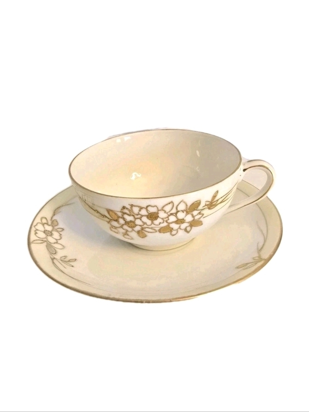 Vintage Nippon Handpainted Gold Colored Trim Flowers Teacup and Saucer Floral